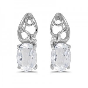 14k White Gold Oval White Topaz And Diamond Earrings