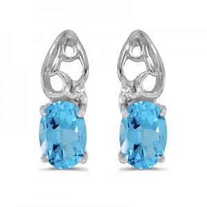 14k White Gold Oval Blue Topaz And Diamond Earrings