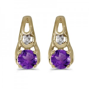 14k Yellow Gold Round Amethyst And Diamond Earrings