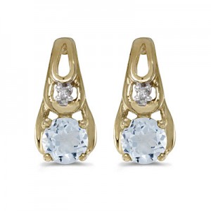14k Yellow Gold Round Aquamarine And Diamond Earrings