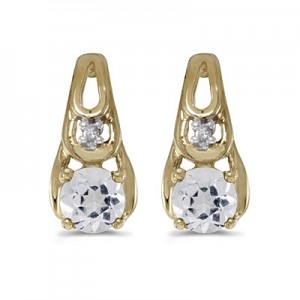 14k Yellow Gold Round White Topaz And Diamond Earrings