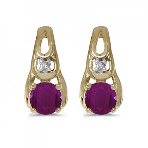 14k Yellow Gold Round Ruby And Diamond Earrings