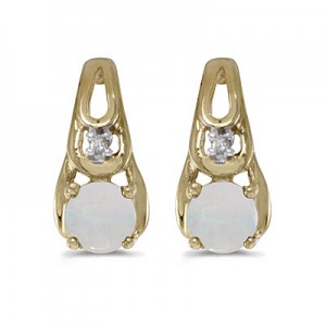 14k Yellow Gold Round Opal And Diamond Earrings