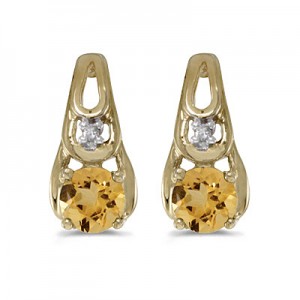 14k Yellow Gold Round Citrine And Diamond Earrings