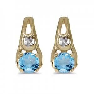 14k Yellow Gold Round Blue Topaz And Diamond Earrings