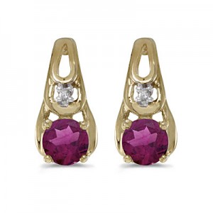 14k Yellow Gold Round Rhodolite Garnet And Diamond Earrings