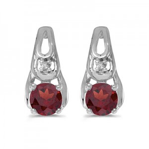 14k White Gold Round Garnet And Diamond Earrings