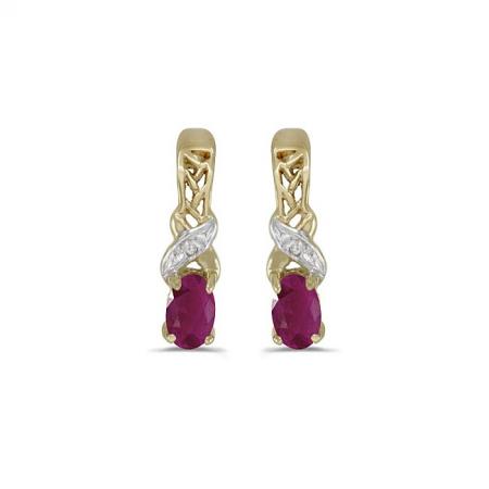 14K Yellow Gold Oval Ruby and Diamond X\" Birthstone Post Earrings\"