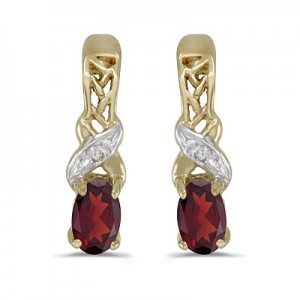 14k Yellow Gold Oval Garnet And Diamond Earrings