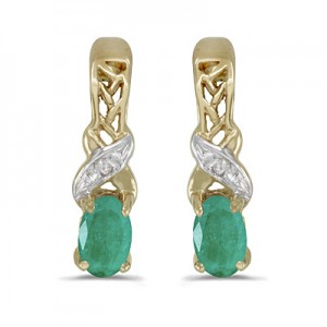 14k Yellow Gold Oval Emerald And Diamond Earrings