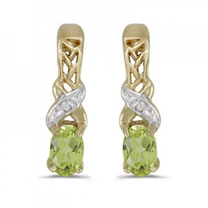 14k Yellow Gold Oval Peridot And Diamond Earrings