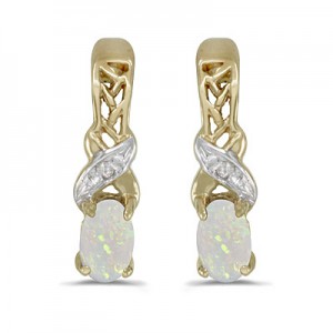 14k Yellow Gold Oval Opal And Diamond Earrings