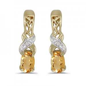 14k Yellow Gold Oval Citrine And Diamond Earrings