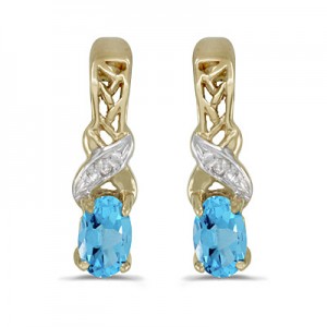 14k Yellow Gold Oval Blue Topaz And Diamond Earrings