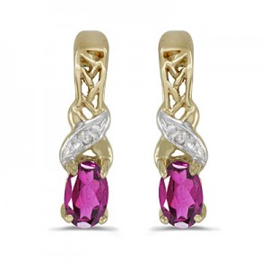 14k Yellow Gold Oval Pink Topaz And Diamond Earrings