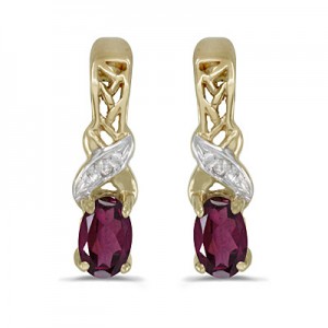 14k Yellow Gold Oval Rhodolite Garnet And Diamond Earrings