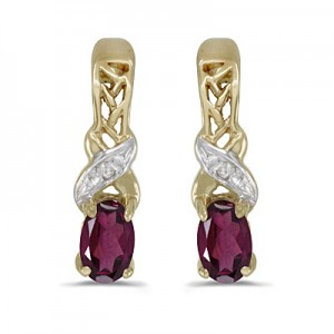 14k Yellow Gold Oval Rhodolite Garnet And Diamond Earrings