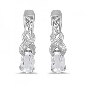 14k White Gold Oval White Topaz And Diamond Earrings