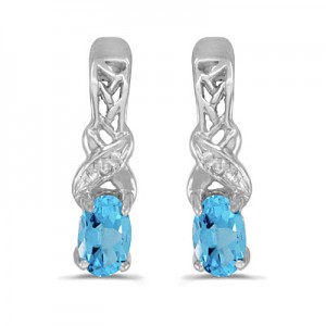 14k White Gold Oval Blue Topaz And Diamond Earrings