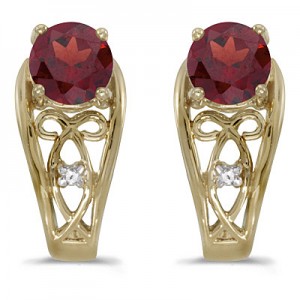 14k Yellow Gold Round Garnet And Diamond Earrings