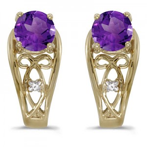 14k Yellow Gold Round Amethyst And Diamond Earrings