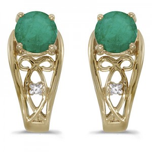 14k Yellow Gold Round Emerald And Diamond Earrings