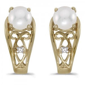 14k Yellow Gold Pearl And Diamond Earrings