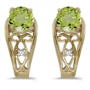 14k Yellow Gold Round Peridot And Diamond Earrings