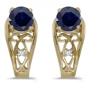 14k Yellow Gold Round Sapphire And Diamond Earrings