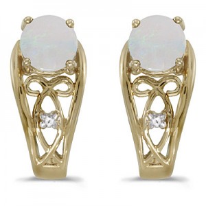 14k Yellow Gold Round Opal And Diamond Earrings