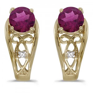 14k Yellow Gold Round Rhodolite Garnet And Diamond Earrings