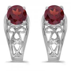 14k White Gold Round Garnet And Diamond Earrings