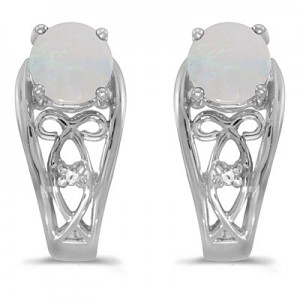 14k White Gold Round Opal And Diamond Earrings