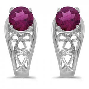 14k White Gold Round Rhodolite Garnet And Diamond Earrings