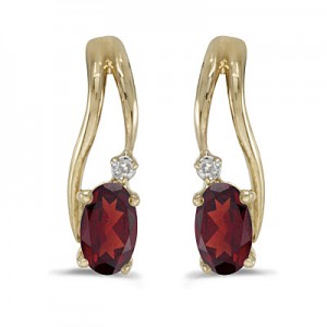 14k Yellow Gold Oval Garnet And Diamond Wave Earrings
