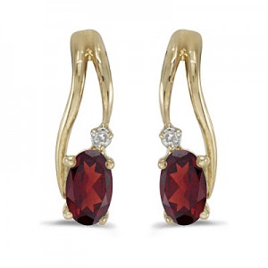 14k Yellow Gold Oval Garnet And Diamond Wave Earrings