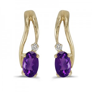 14k Yellow Gold Oval Amethyst And Diamond Wave Earrings