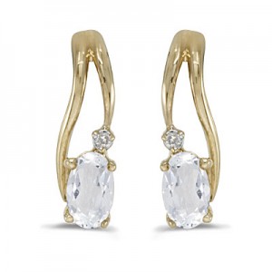 14k Yellow Gold Oval White Topaz And Diamond Wave Earrings