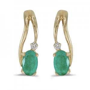 14k Yellow Gold Oval Emerald And Diamond Wave Earrings