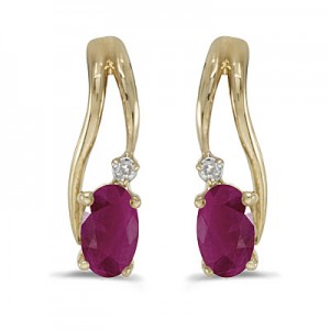 14k Yellow Gold Oval Ruby And Diamond Wave Earrings