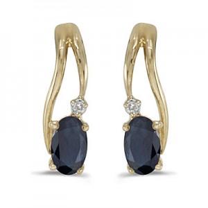 14k Yellow Gold Oval Sapphire And Diamond Wave Earrings
