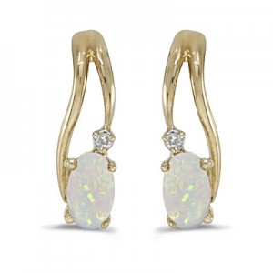 14k Yellow Gold Oval Opal And Diamond Wave Earrings