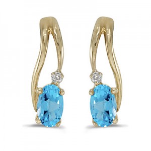 14k Yellow Gold Oval Blue Topaz And Diamond Wave Earrings