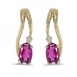 14k Yellow Gold Oval Pink Topaz And Diamond Wave Earrings