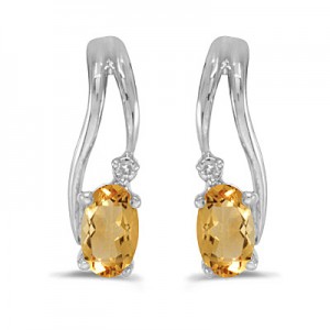 14k White Gold Oval Citrine And Diamond Wave Earrings