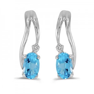 14k White Gold Oval Blue Topaz And Diamond Wave Earrings