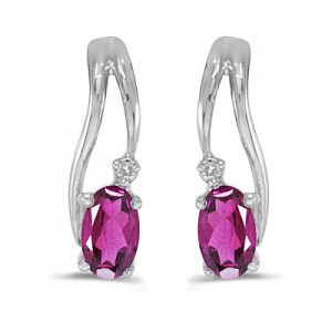 14k White Gold Oval Pink Topaz And Diamond Wave Earrings