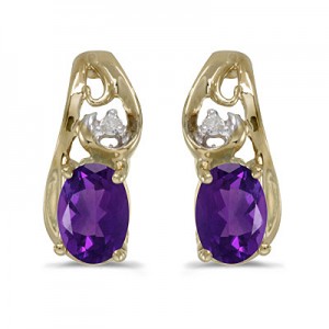 14k Yellow Gold Oval Amethyst And Diamond Earrings