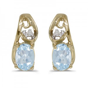 14k Yellow Gold Oval Aquamarine And Diamond Earrings