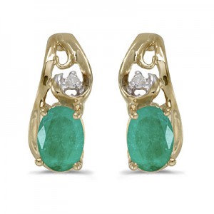 14k Yellow Gold Oval Emerald And Diamond Earrings